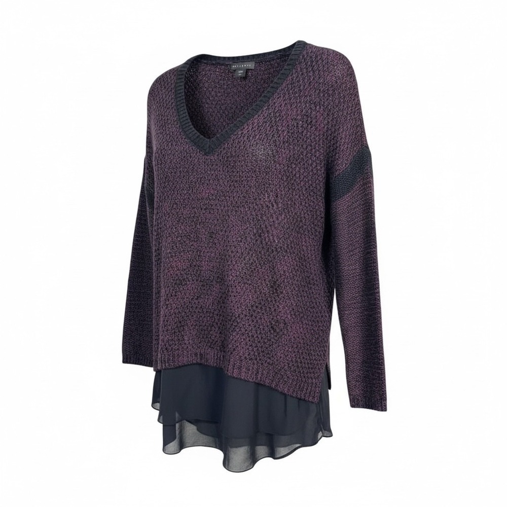 Metaphor Womens V Neck Speckled Knit Chiffon Hem Sweater Top Purple Black Size S